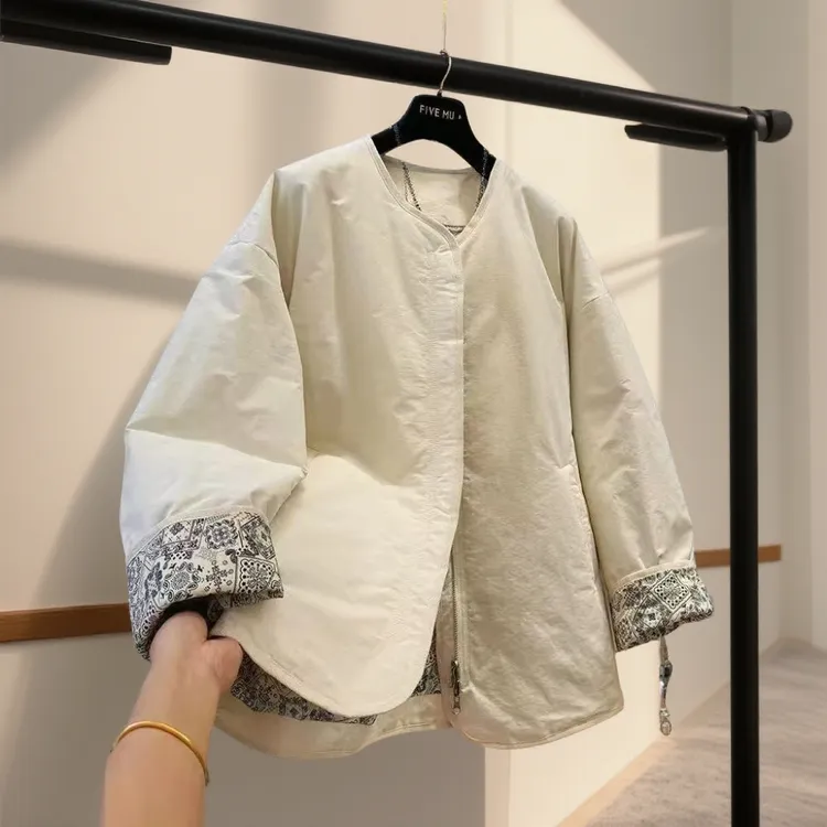 高级感复古别致独特宽松圆领棉服女秋冬慵懒松弛感休闲棉衣外套女