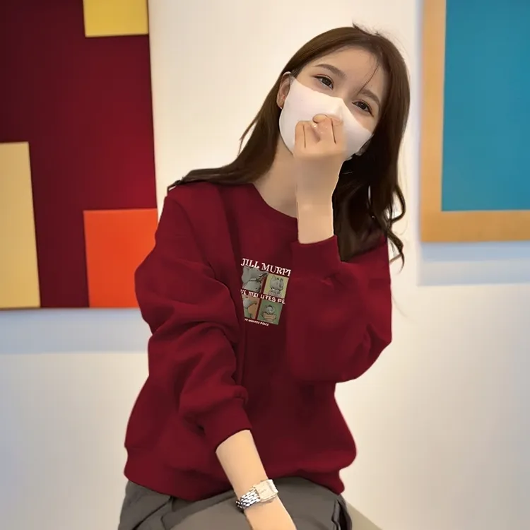 即墨加绒卫衣女打底衫2025新款韩版字母小象印花时尚宽松圆领上衣