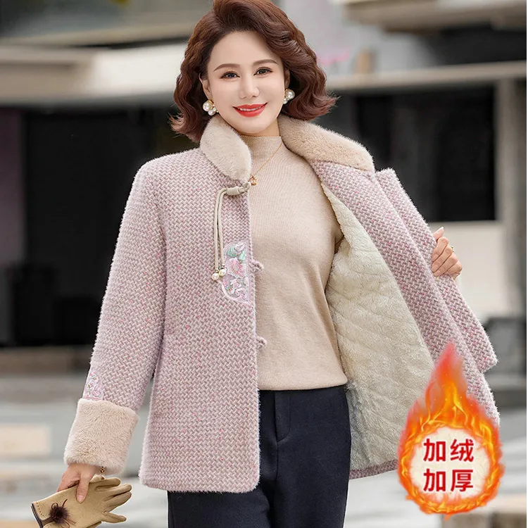 新中式妈妈冬装外套气质加绒加厚棉衣中老年女装冬季水貂绒大衣