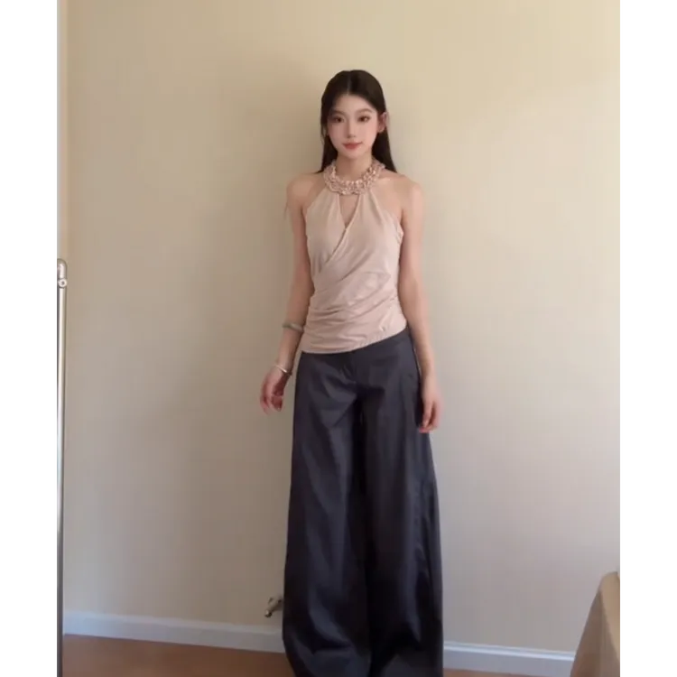 MARIE.COCO韩系挂脖粉色吊带修身显瘦纯欲风无袖上衣阔腿裤两件套