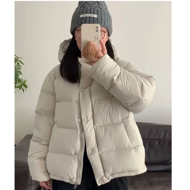 半手长羽绒服90白鸭绒连帽厚款柔软舒适保暖宽松女士简约黑色1053