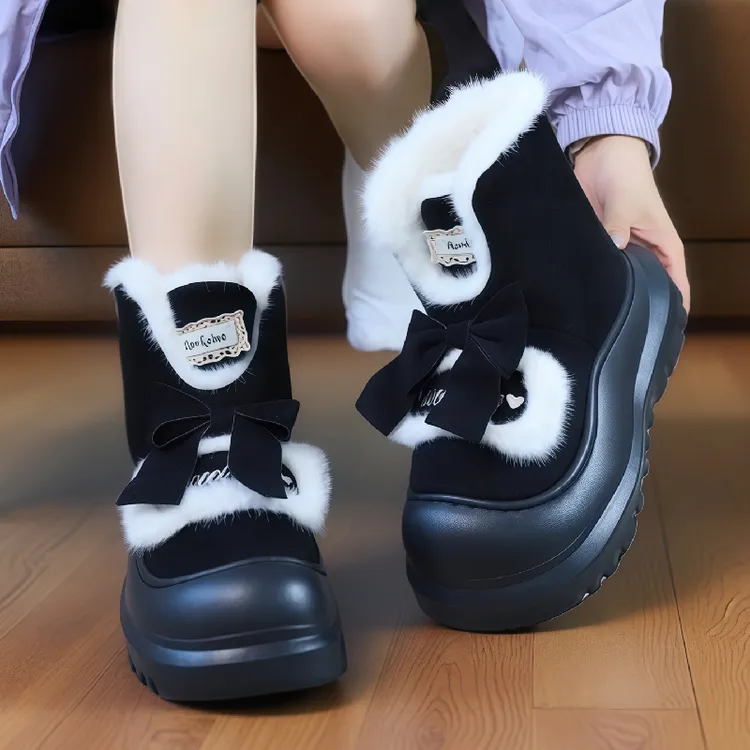 厚底防滑保暖棉鞋女2025秋冬新款加绒加厚家居蝴蝶结包头时尚短靴