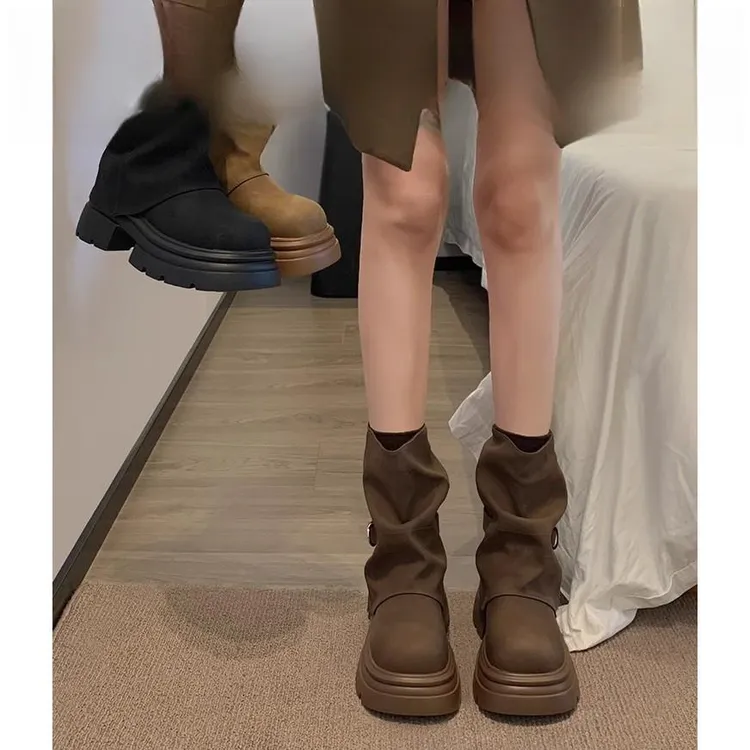 深棕色美拉德短靴女2025新款秋冬季厚底裤管靴显瘦增高马丁靴女靴