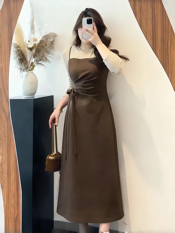 大码复古优雅假两件连衣裙秋冬季微胖mm显瘦收腰高级感吊带长裙子