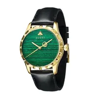 【周周专属】GUCCI古驰黑色皮革绿色表盘38MM石英腕表YA126463