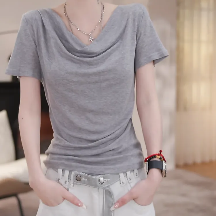 后背蕾丝镂空拼接上衣女2025新款春夏时尚性感修身显瘦短袖t恤