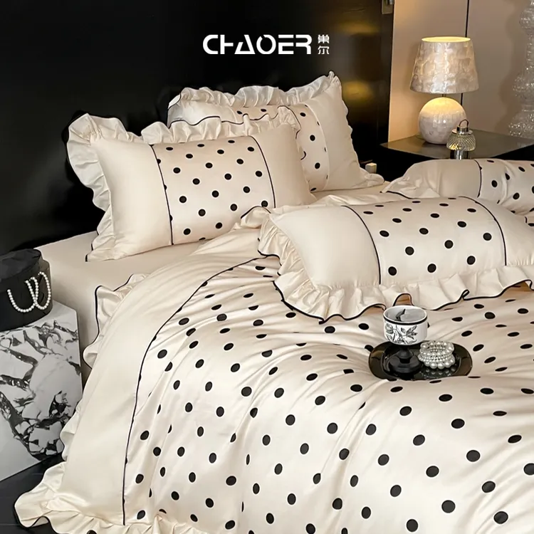 巢尔【南法假日】法式100S长绒棉四件套波点印花被套柔软床单全棉