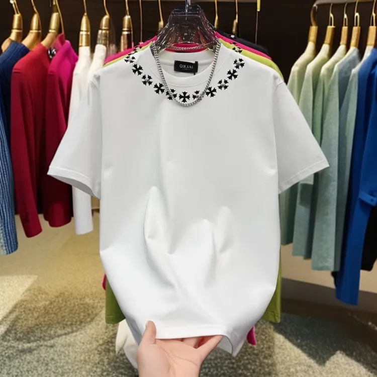 春夏新款轻奢植绒阔圆领短袖男士百搭半袖印花设计师高奢休闲