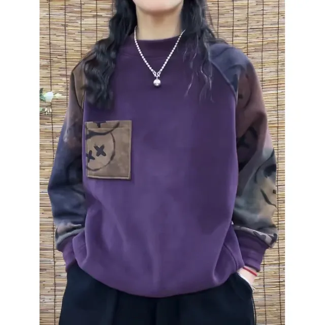 半高领插肩双面奥粒绒卫衣女秋冬新款H宽松休闲时尚印花百搭上衣