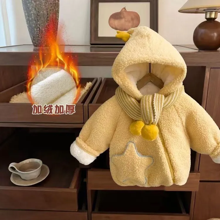 女童2025新款韩版可爱精灵猫加绒加厚外套女宝宝冬季星星人时尚款