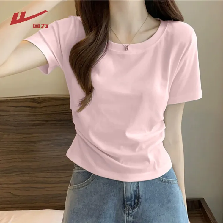 回力甜系圆领纯色简约风抽褶T恤2025夏季新款女生韩系ins衣服