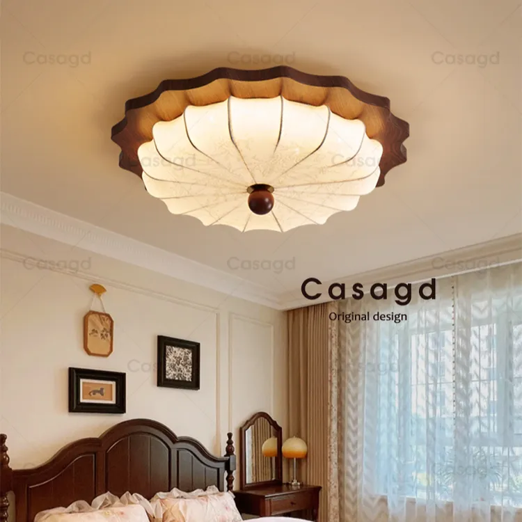 法式中古风布艺卧室吸顶灯美式复古胡桃木纹高级氛围感书房灯casa