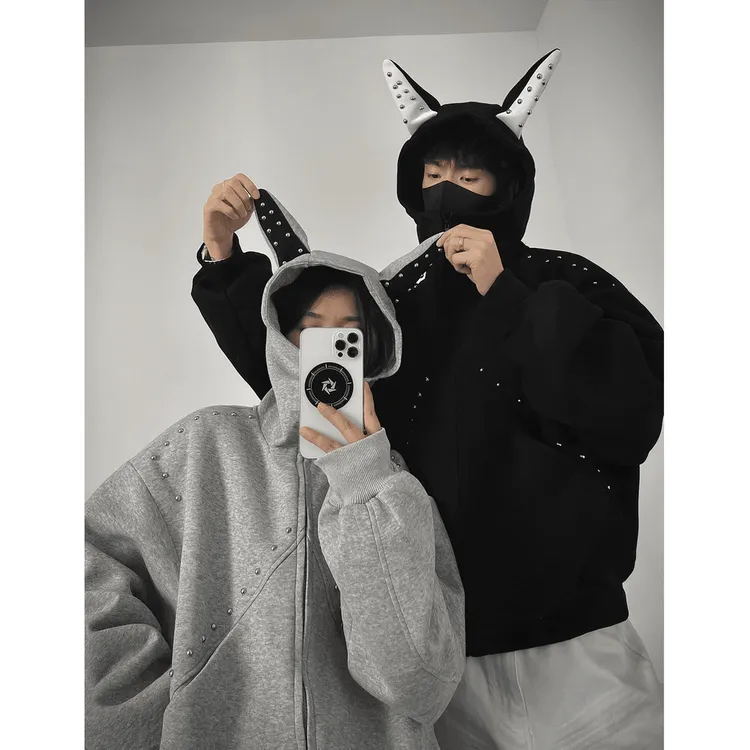 美式重磅铆钉复古拼接杜宾犬连帽卫衣秋季早秋新款情侣休闲外套