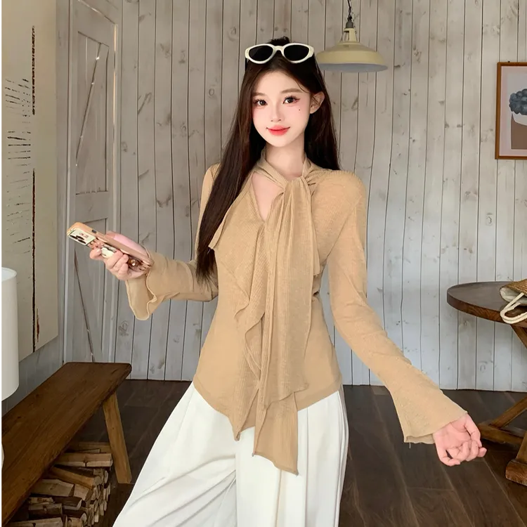 2025秋季大码女装新款设计感纯欲荷叶边飘带长袖上衣 3731