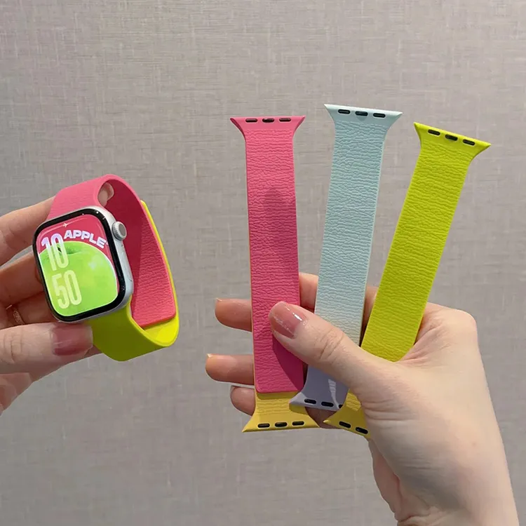 适用苹果iwatchS11/10/9UltraSE新款荔枝纹超强磁吸硅胶表带无扣