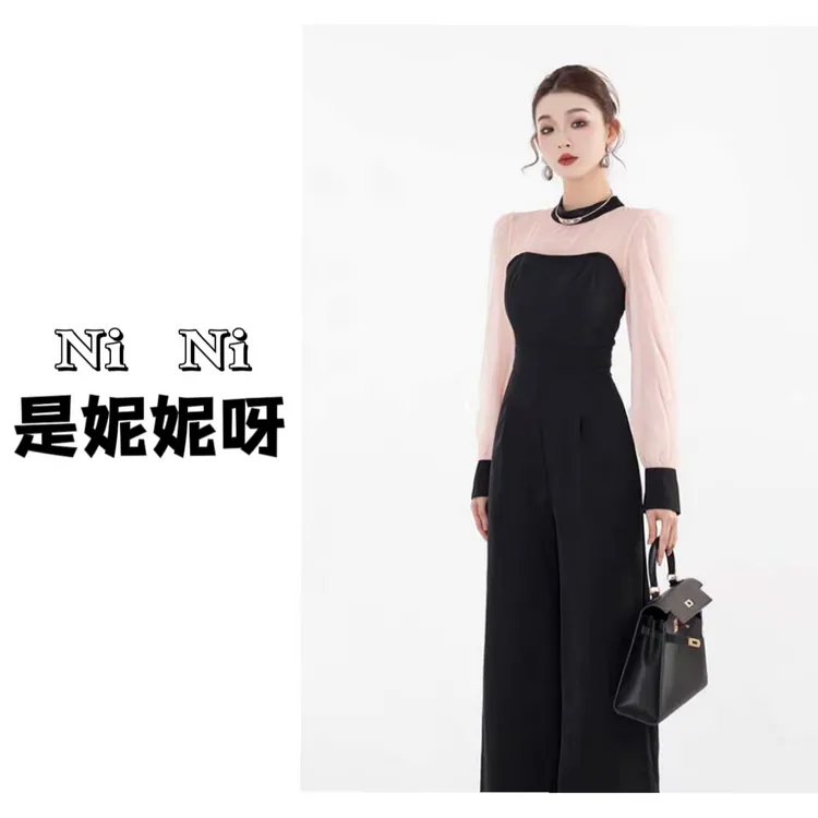 2025春秋季新款修身显瘦长袖时尚休闲百搭撞色拼接连体裤D3565
