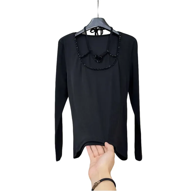 新款设计感挂脖辣妹串珠长袖打底T恤