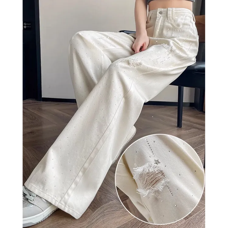 白色天丝破洞烫钻阔腿牛仔裤女2025夏季薄款宽松垂感闪钻小个子裤