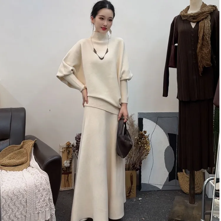 #1029#复古气质套装高领蝙蝠袖针织衫女装秋冬季垂感半身裙两件套