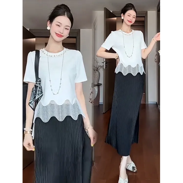拉夏贝尔设计感优雅套装女2025新款波浪下摆上衣百褶裙气质两件套