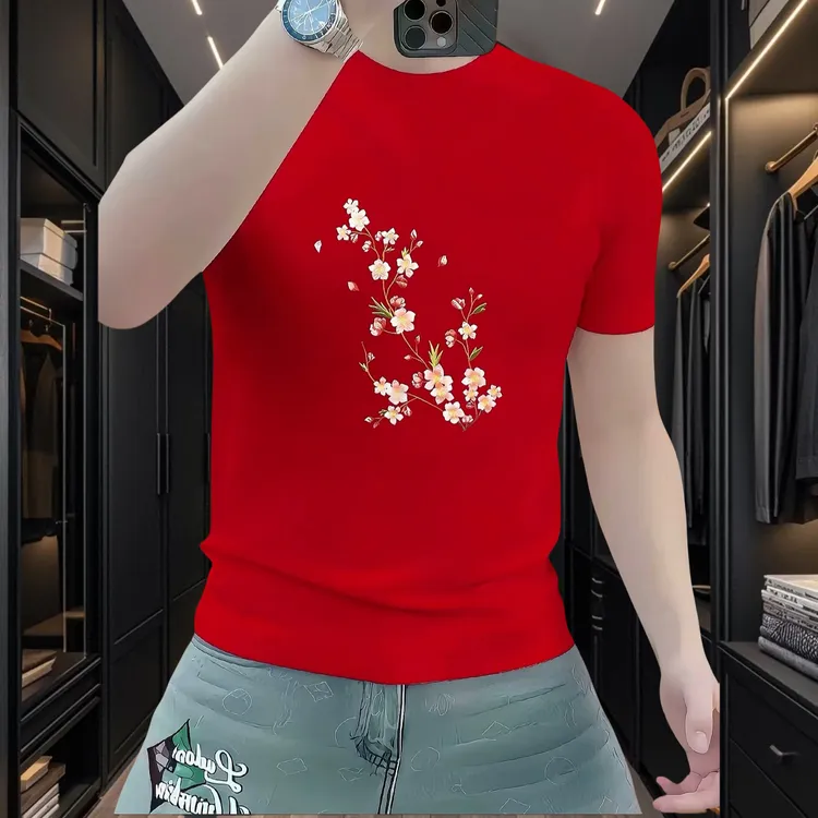 高品质T恤印花夏季圆领短袖上衣休闲半袖红色男装时尚潮流