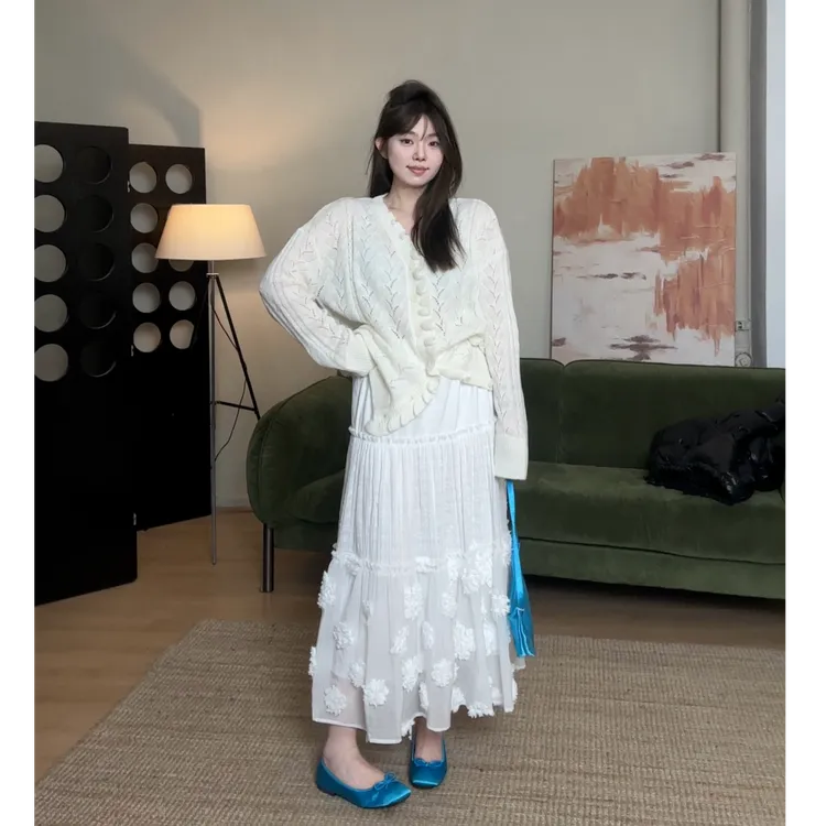 晶咕晶咕【绚烂春日】时尚潮流百搭欧若风宽松休闲镂空提花针织