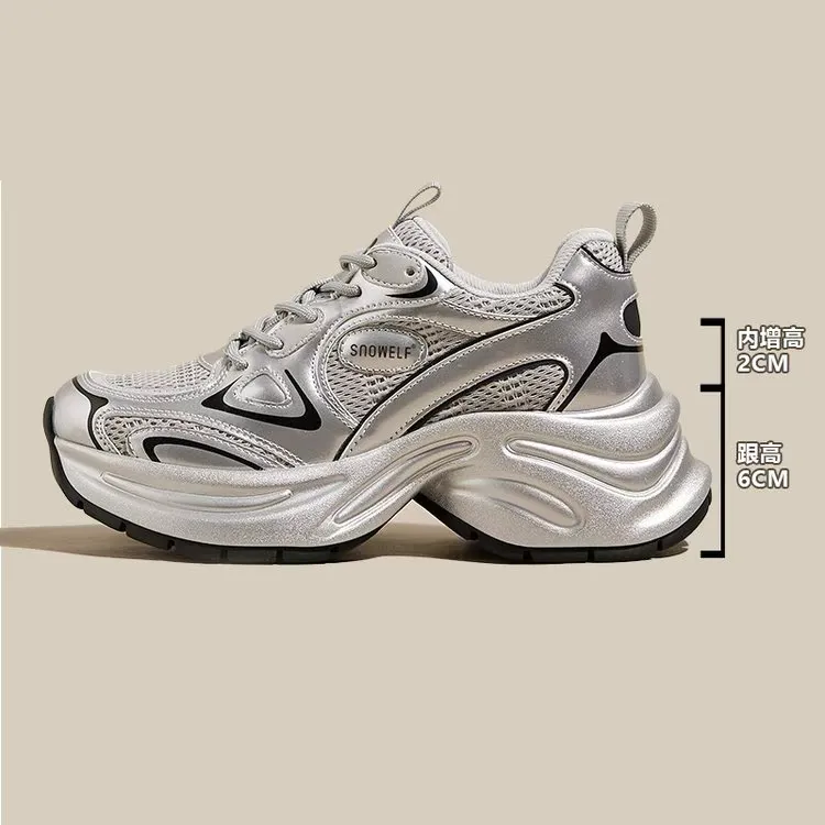 2025年新款春季休闲爆款春季8cm内增高厚底银色老爹鞋女运动女鞋
