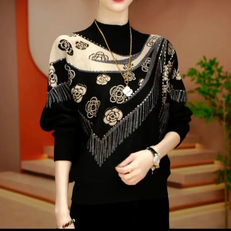 秋冬季时尚百搭高档气质长袖针织衫女士打底潮流减龄宽松新款毛衣