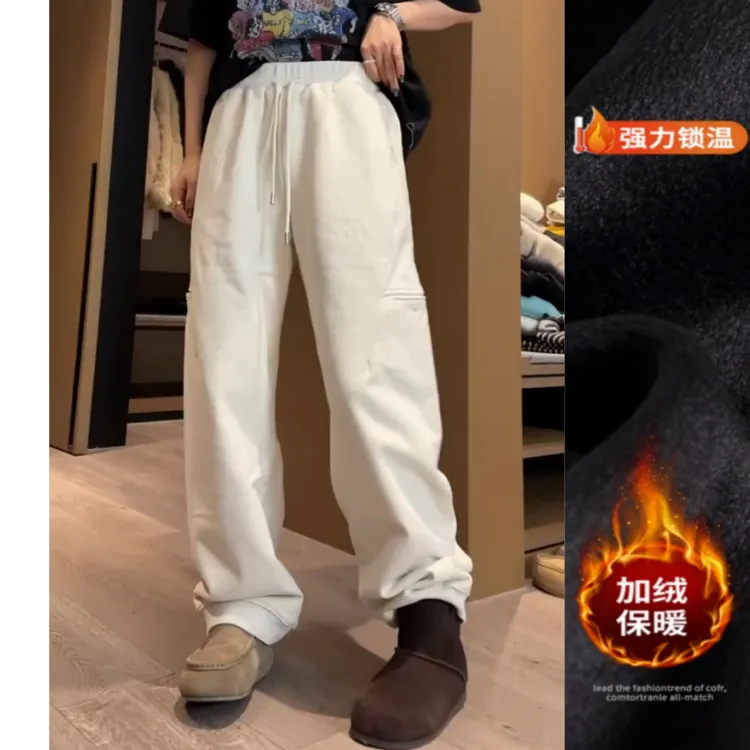 景倩妮时尚设计感加绒休闲卫裤2025年冬季新款高腰显瘦窄版阔腿裤
