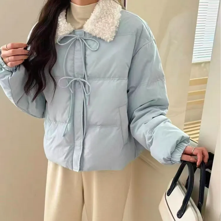 【绣也】蝴蝶结系带卷卷毛领韩系学院风减龄拼接保暖棉服3003