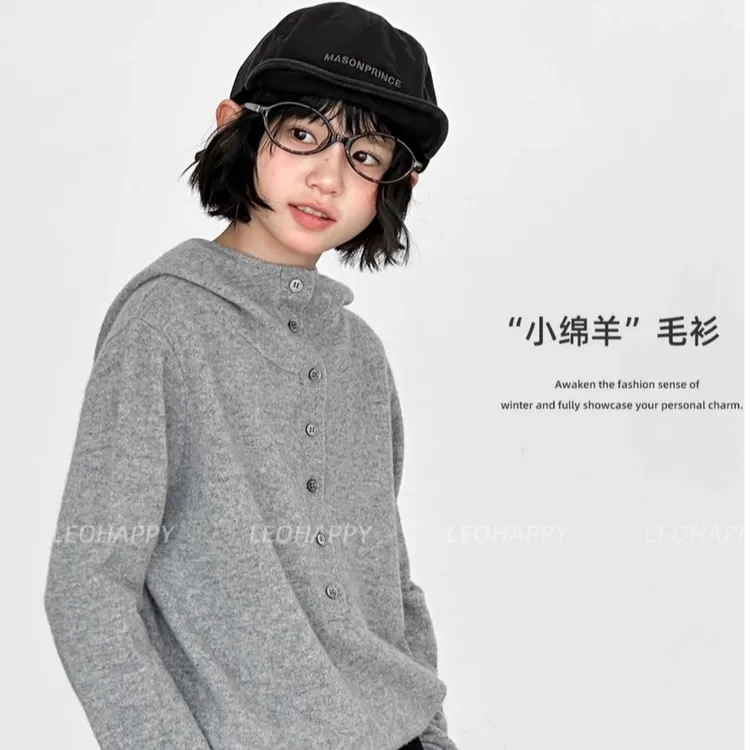 韩国童装女童针织帽衫2025新款儿童秋冬装针织衫毛衣女童简约纯色