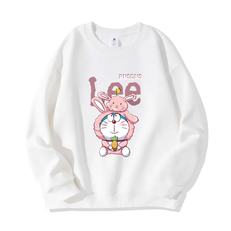 粉哆啦长袖宽松型秋季圆领加绒薄款中长款卫衣休闲百搭印花