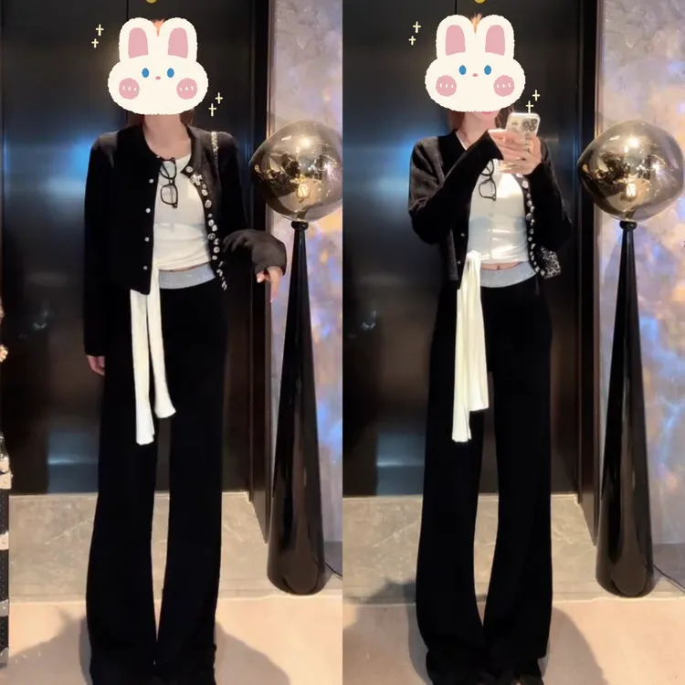 针织衫长袖开衫+拼接腰头显瘦休闲裤+百搭纯色长袖上衣BB50463