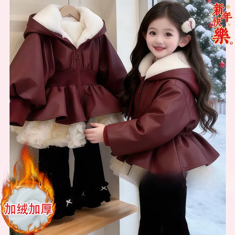 女童加绒蕾丝花边软皮外套2025新款甜美中长款红色派克服拜年服冬