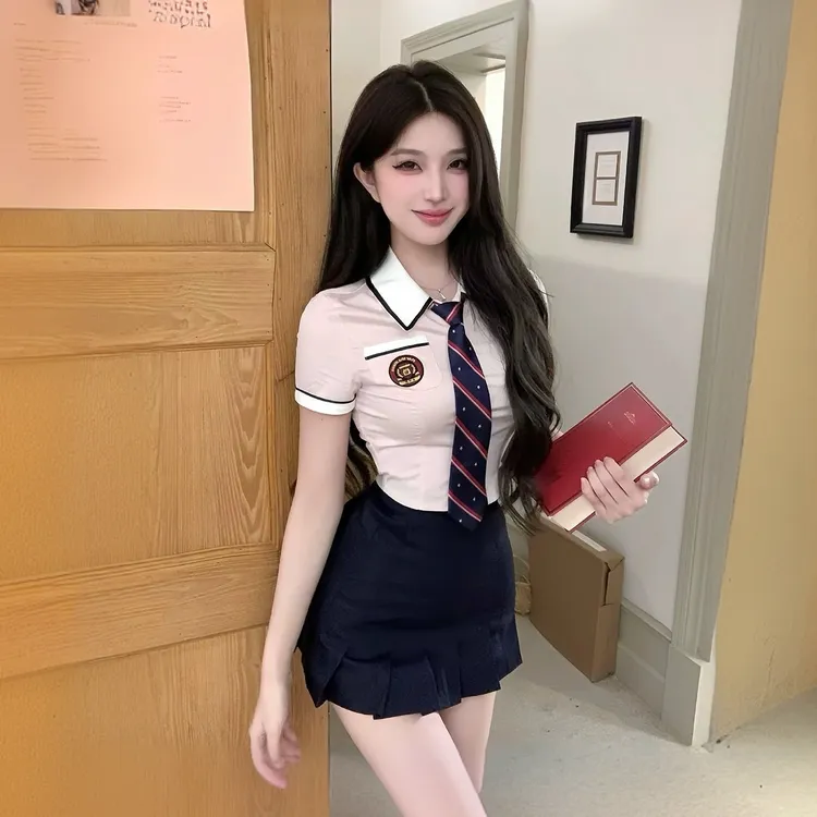 韩系学院风减龄辣妹套装夏季气质显瘦短袖粉色衬衫jk制服两件套女
