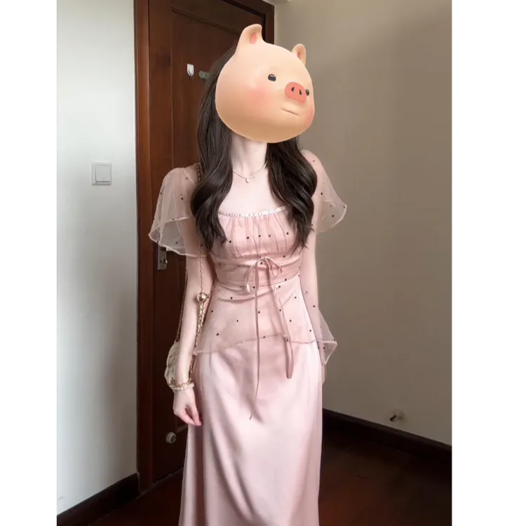 法式甜美拼接网纱波点连衣裙女夏季气质温柔风收腰显瘦a字长裙子
