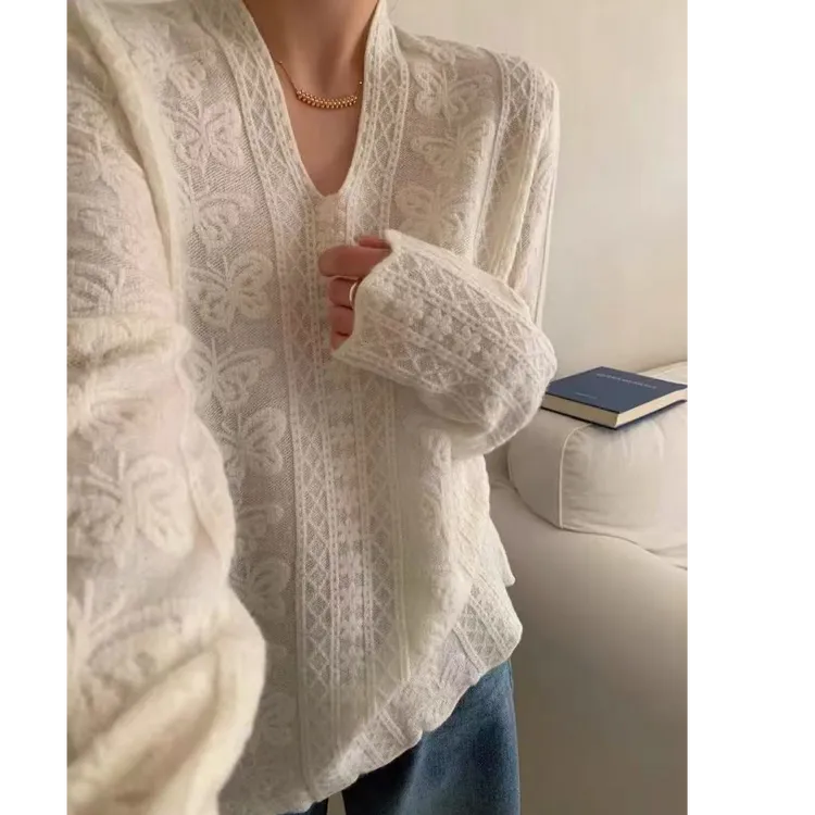 【蝴蝶钩花】蕾丝软打底羊毛混纺春秋季两穿百搭针织套头打底衫