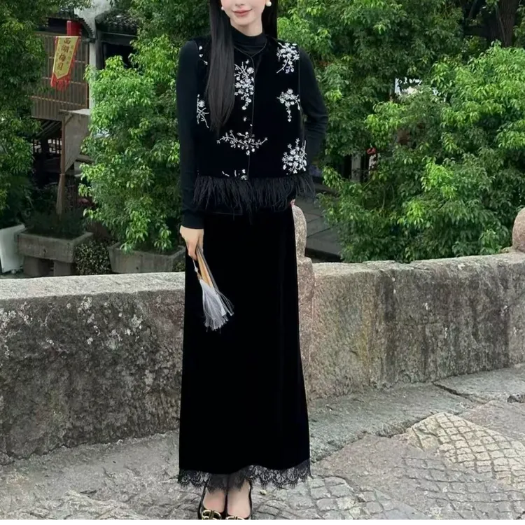 秋季新中式下摆拼接外套复古丝绒国风马甲气质半身裙内搭