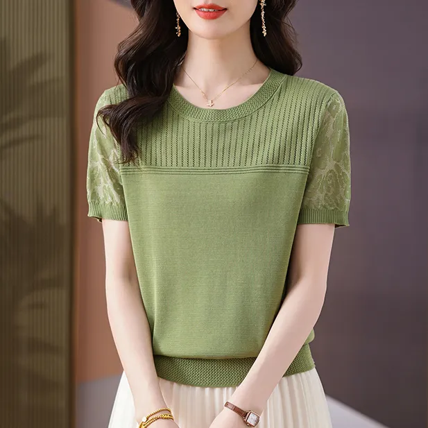 夏季新款镂空天丝大码T恤女士纯色洋气时尚打底衫透气百搭短袖女