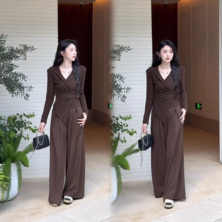 女装时尚高级感秋季禅意风套装V领不规则修身长袖上衣休闲两件套