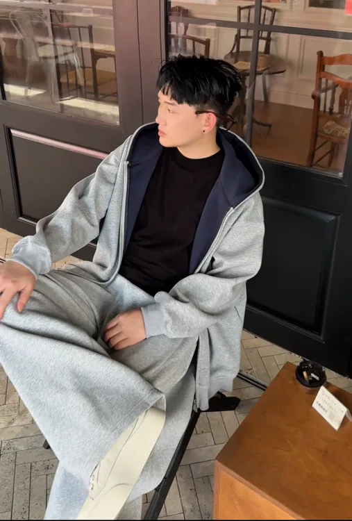 秋季新款外套男慵懒风高级感宽松大码双面拼色重磅开衫连帽卫衣