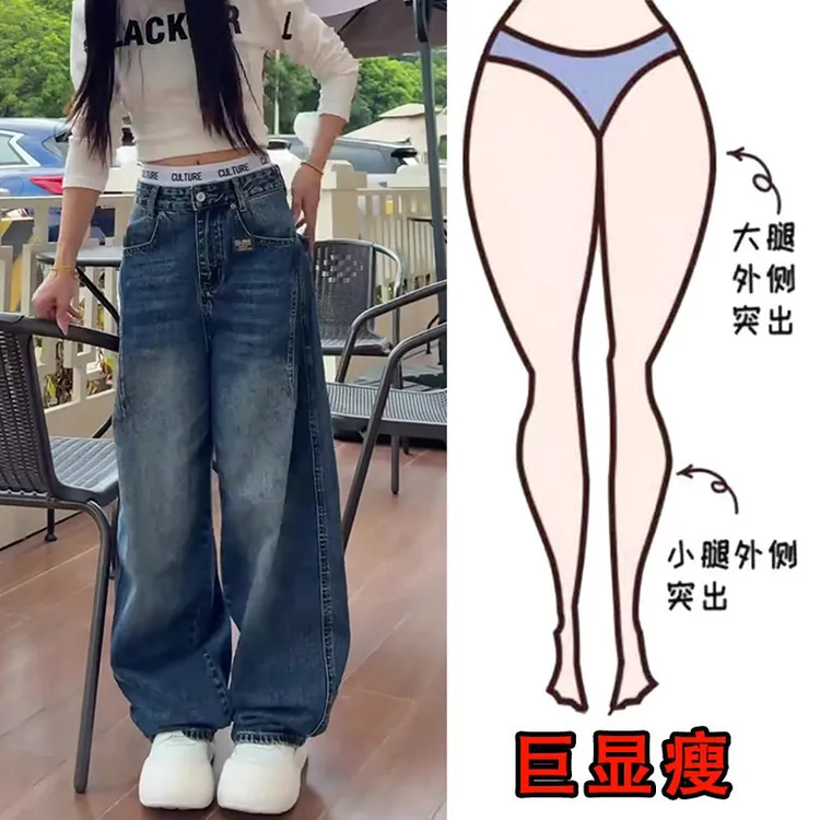 秋季新款大码时尚重工大口袋牛仔裤女梨型身材显瘦高腰宽松阔腿裤