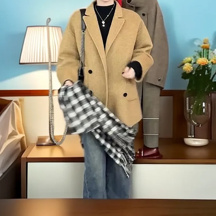 春秋冬新款女双面羊毛大衣西装款四粒扣短款时尚休闲绿色4-F69