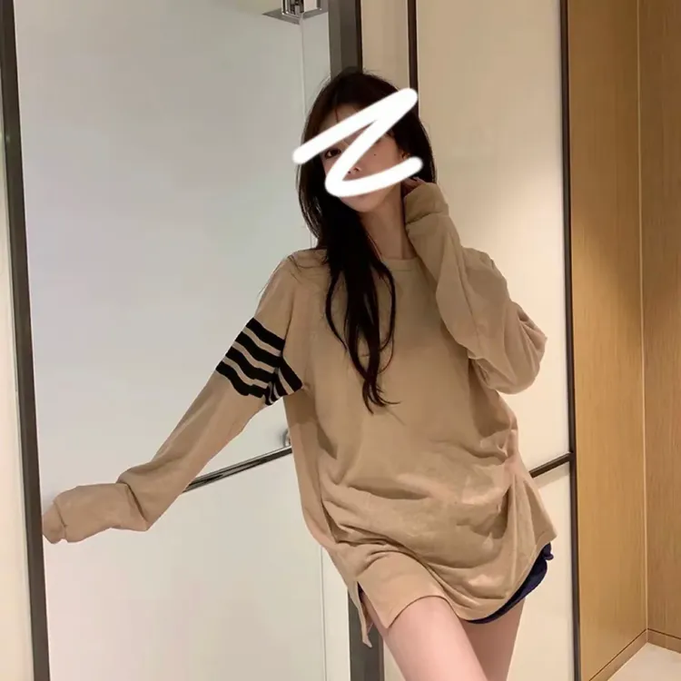 2025夏季新款慵懒风圆领宽松长袖T桖防晒条纹长款罩衫上衣