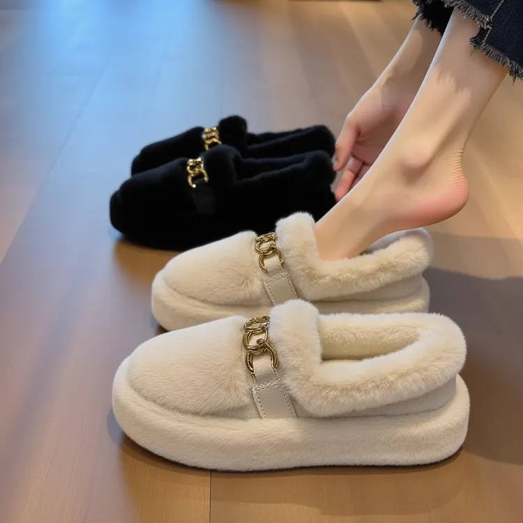 【兔毛绒】白色乐福毛毛鞋女秋冬新款厚底懒人一脚蹬保暖洋气棉鞋