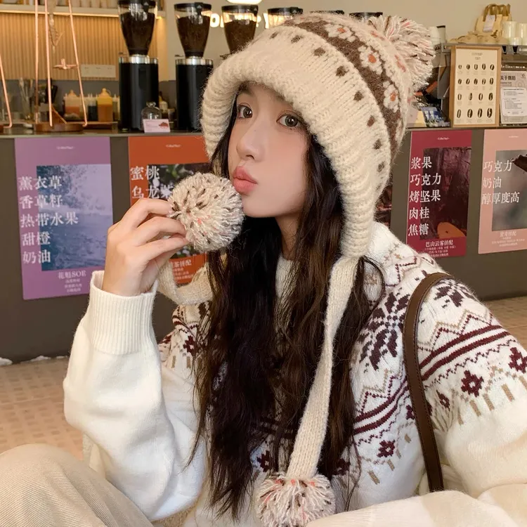 冬季费尔岛针织毛线帽女显脸小护耳双层加绒加厚保暖防寒雷锋帽子