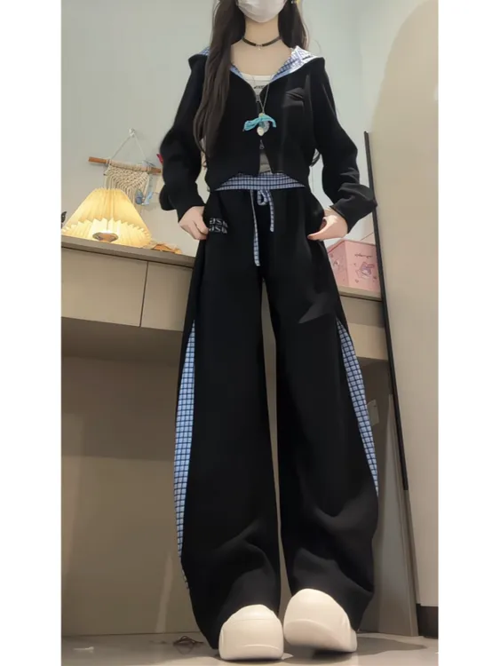 时尚修身显高显瘦套装女学生秋冬新款韩版拼色设计感穿搭两件套潮