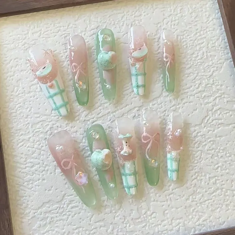 【夏日青苹果】冰透猫眼纯欲纯手工穿戴甲可爱美甲海莉甲