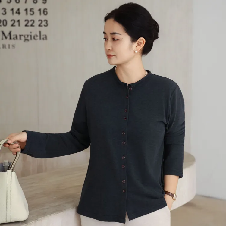 麻享【蚕丝澳绒开衫】磨毛卷边圆领长袖T恤细腻女打底外穿FSY51115