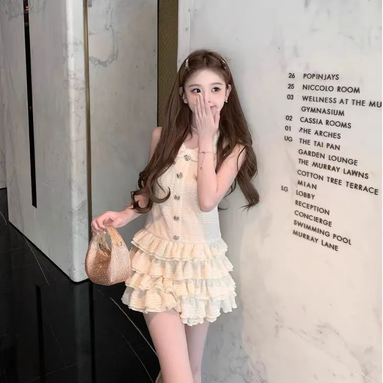 【珍珠星芒】泰兰德蝴蝶结定制扣闪片无袖连衣裙夏季新款显瘦短裙女